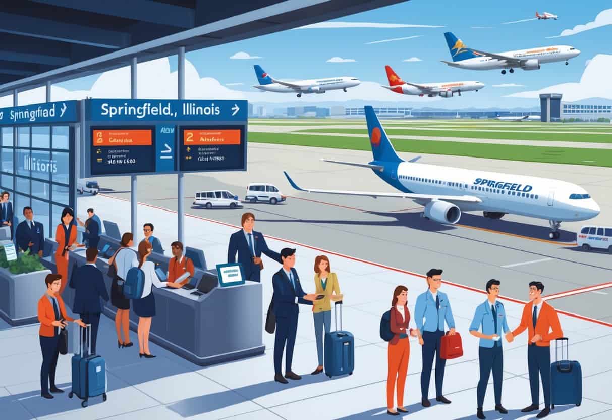 Passengers receiving assistance from airline staff at Springfield airport with airplanes visible outside, showing a calm and organized travel environment.