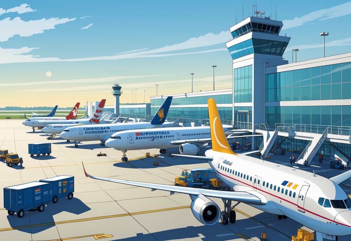 An airport scene at Springfield, Illinois with several commercial airplanes parked at gates, ground crew vehicles working, and a control tower in the background.