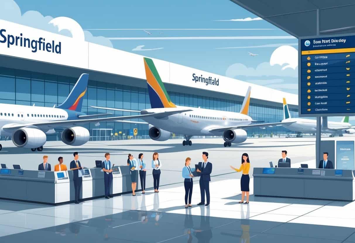 An airport scene in Springfield, Missouri with airplanes, airline staff helping passengers, and a flight status board showing on-time, delayed, and canceled flights.