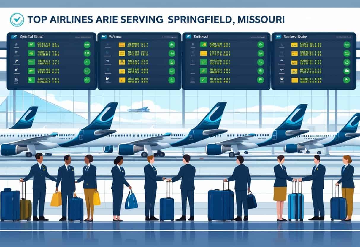 An airport scene showing multiple airplanes at gates with airline staff assisting passengers and a flight information board displaying flight statuses.