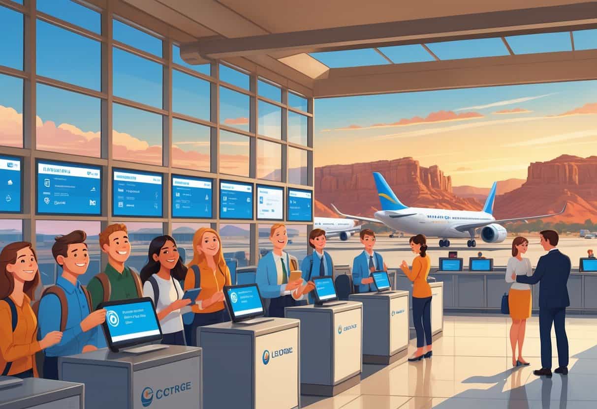 Travelers and airline staff at an airport terminal in St. George, Utah, with airplanes on the runway and red rock mountains visible outside.