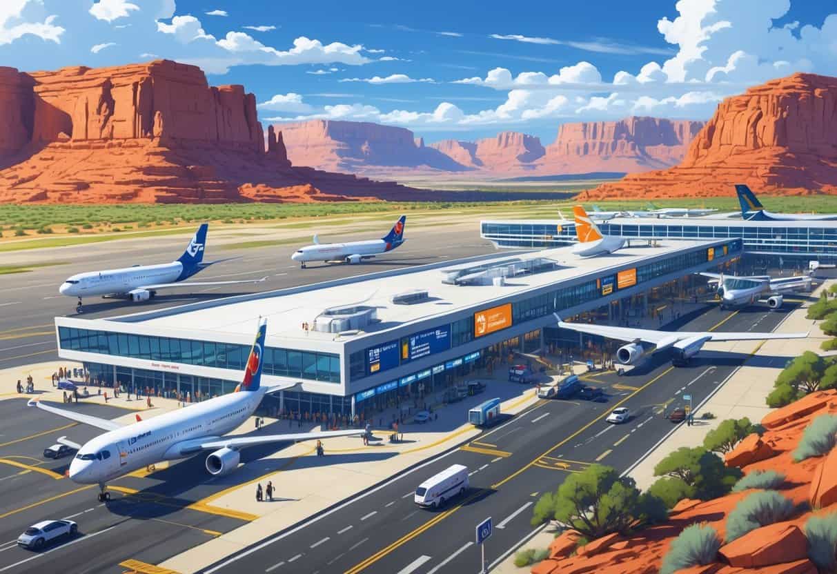An airport terminal in St. George, Utah with airplanes on the runway, passengers boarding, and desert red rock formations in the background.