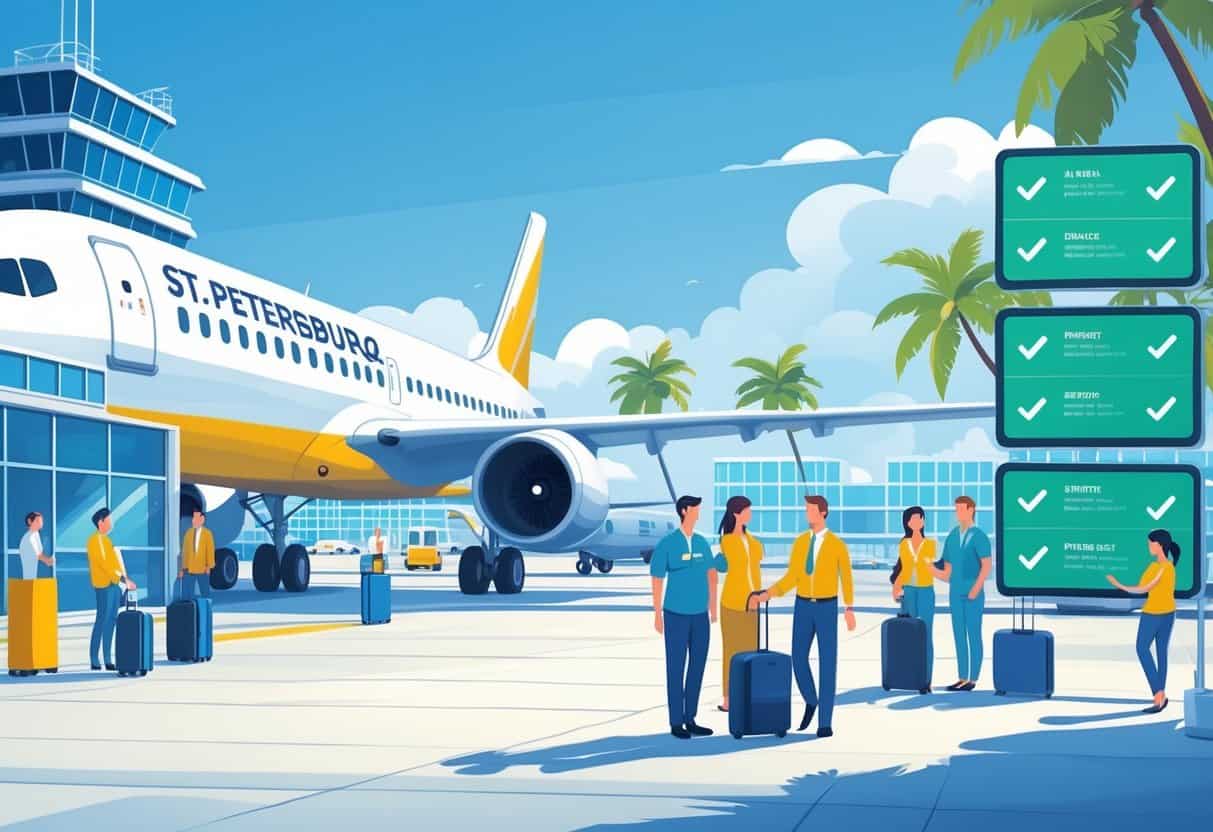 An airport scene in St. Petersburg, Florida, with a modern airplane at the gate, palm trees, airport staff helping passengers, and flight information boards showing positive status icons.