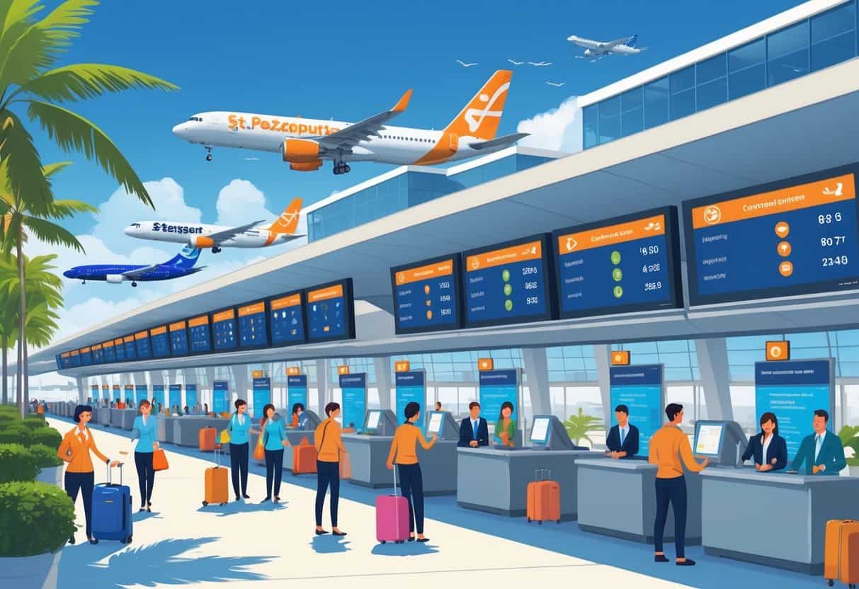 An airport scene in St. Petersburg, Florida, showing airplanes from various airlines at gates, travelers interacting with airline staff, and flight status boards indicating delays and cancellations.