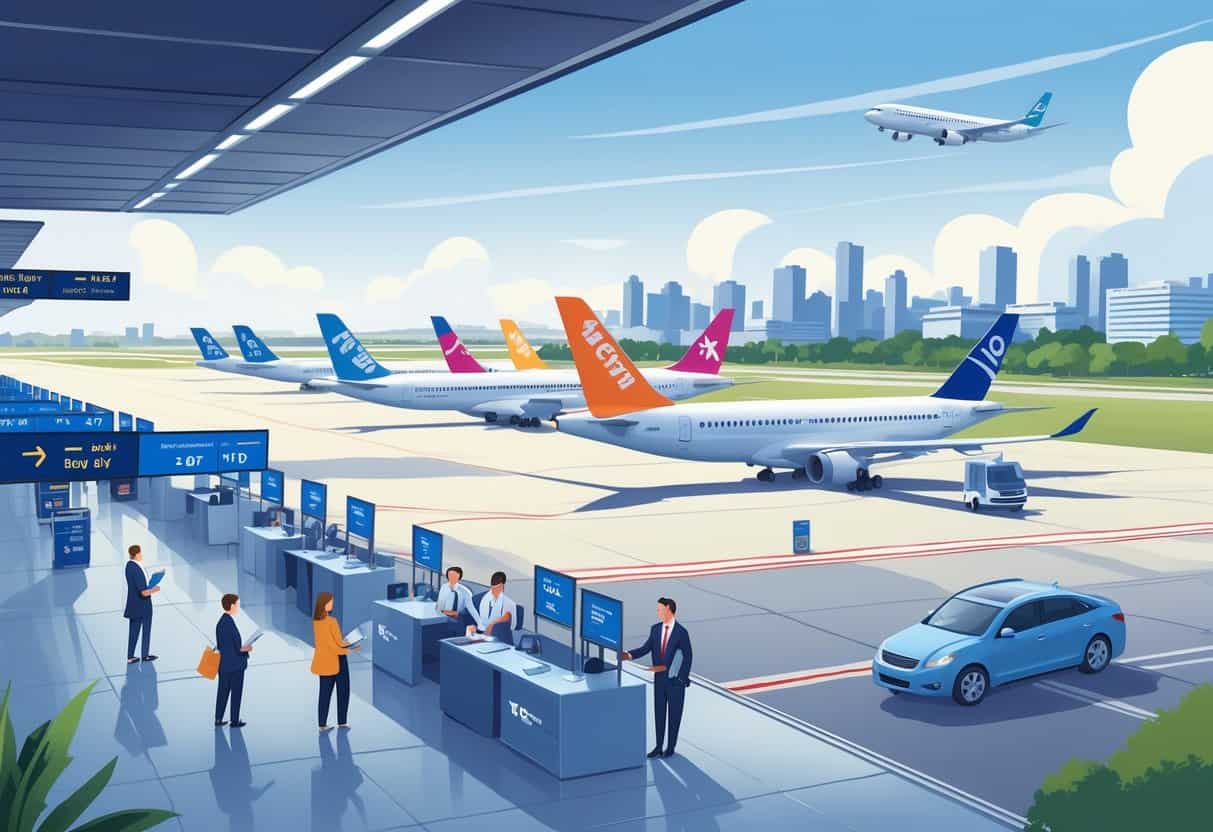 An airport terminal in Sterling Heights, Michigan with airplanes on the runway and passengers receiving assistance from airline staff at service desks.