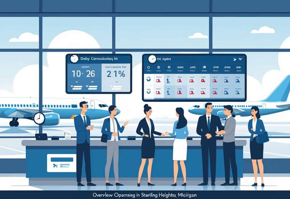 An airport scene showing travelers and airline staff at a customer service desk with planes on the runway and a flight status board displaying delays and cancellations.