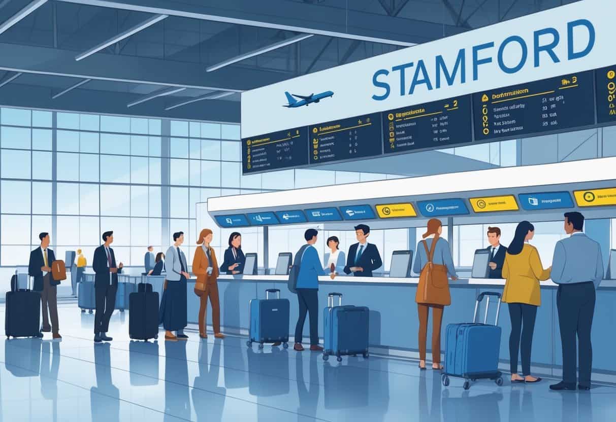 Travelers interacting with airline customer service counters inside a modern airport terminal with flight information boards in the background.