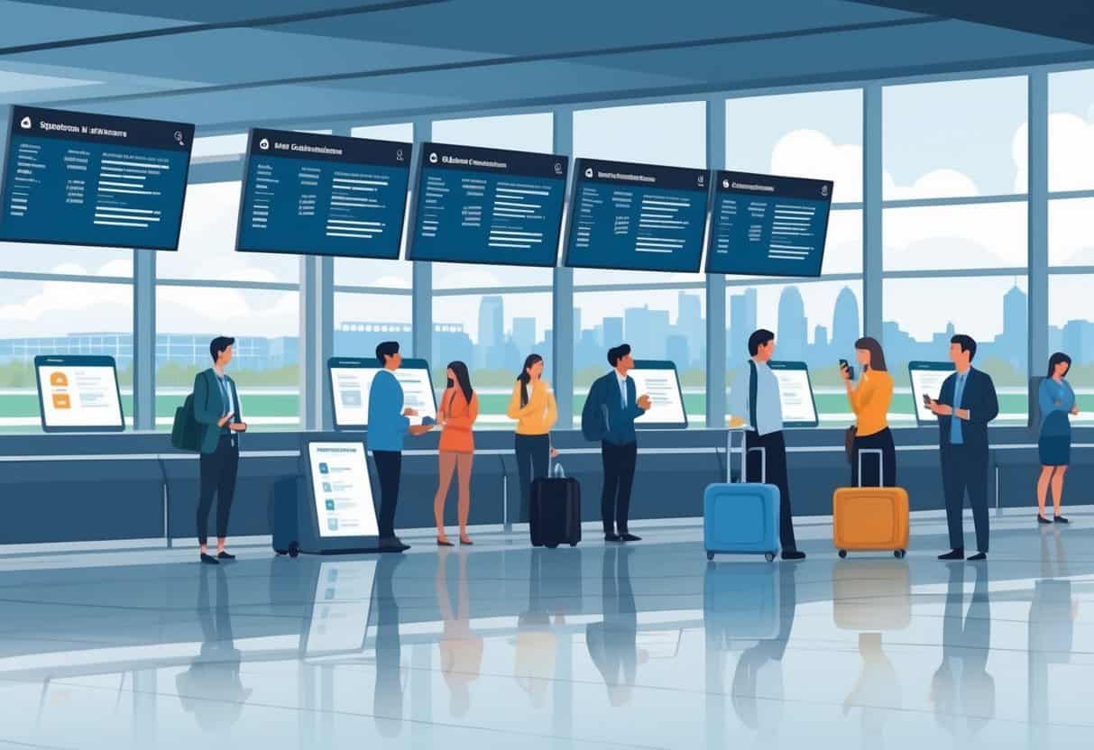 Travelers in an airport terminal checking flight status screens about delays and cancellations, with airline staff assisting and the Stamford city skyline visible outside large windows.