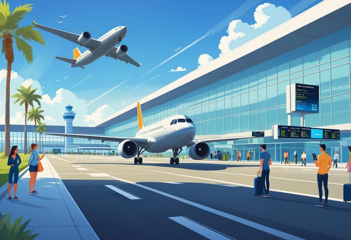 An airport in Sunnyvale, California with a plane taking off, travelers checking devices, and a sunny sky with palm trees and buildings in the background.