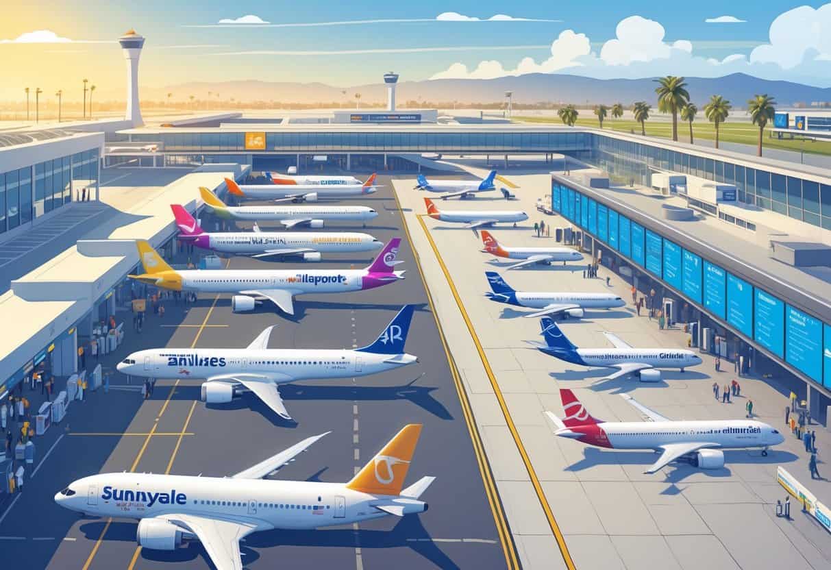 An airport scene in Sunnyvale with airplanes from various airlines, travelers at check-in counters, and a clear sunny sky.