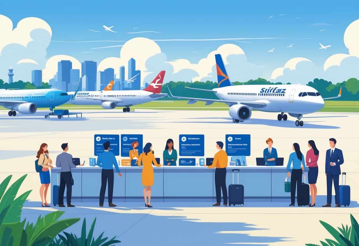 Travelers receiving assistance from airline staff at an airport in Suffolk, Virginia, with airplanes and the city skyline in the background.