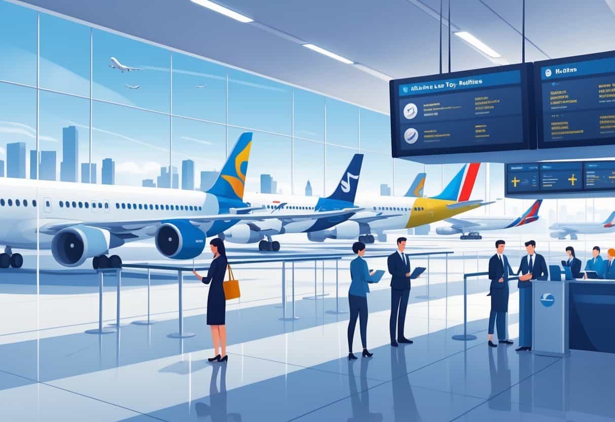 An airport terminal in Suffolk, Virginia, showing airplanes at gates, a flight information board with delays and cancellations, and passengers speaking with airline staff.