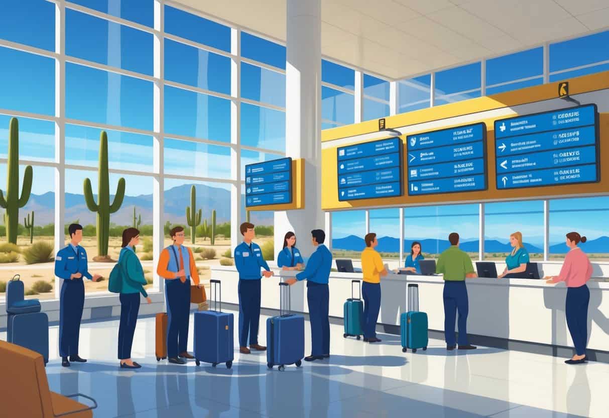 An airport terminal in Surprise, Arizona with travelers and airline staff interacting calmly near service desks, with desert scenery visible through large windows.