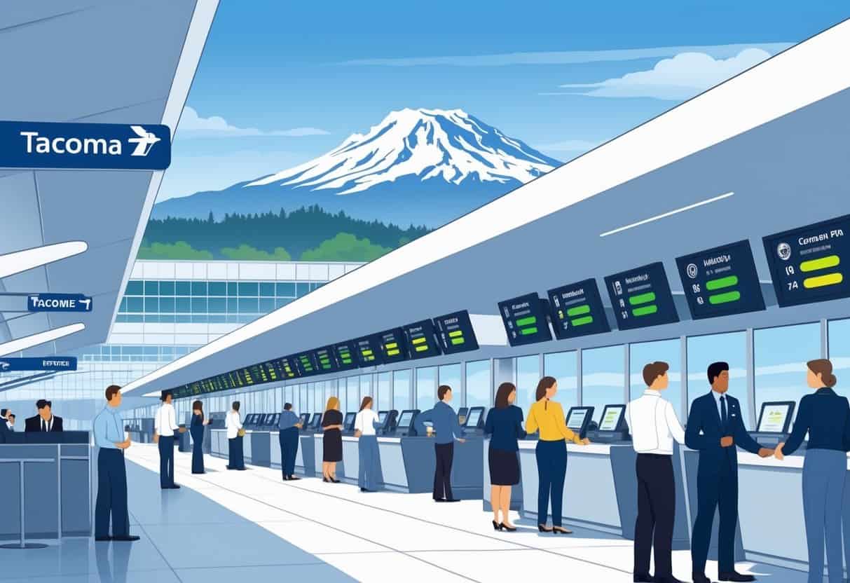 An airport terminal in Tacoma, Washington, showing airline staff helping passengers with flight information and customer service amid a calm and orderly environment.