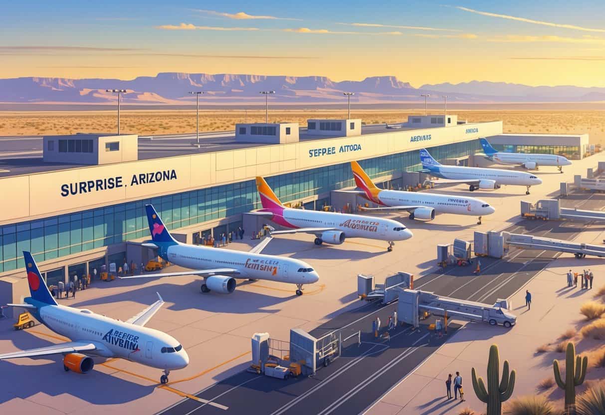 An airport in Surprise, Arizona with airplanes from various airlines parked at gates, staff and passengers moving smoothly, set against a desert landscape with cacti and mountains at sunset.