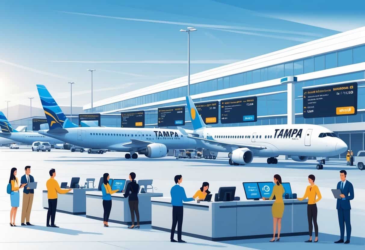 Travelers at Tampa International Airport receiving assistance from airline staff near gates with airplanes parked outside under a clear sky.