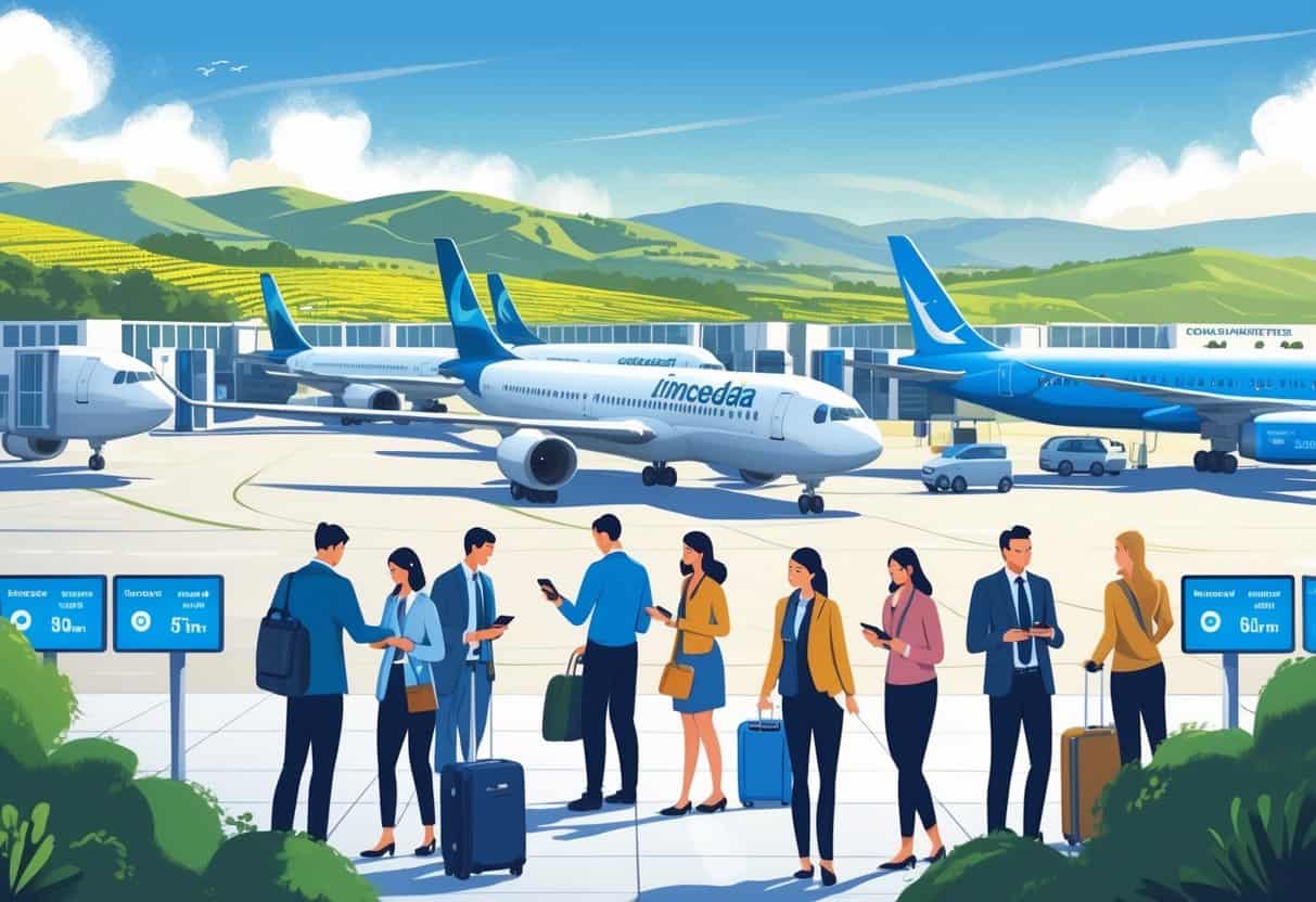 Travelers at an airport in Temecula, California, with airplanes parked at gates and rolling hills in the background.