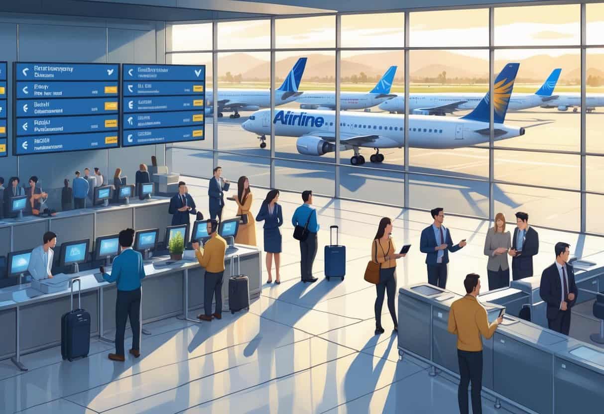 Airport terminal near Temecula with travelers, flight status boards showing delays and cancellations, and airplanes at gates outside.
