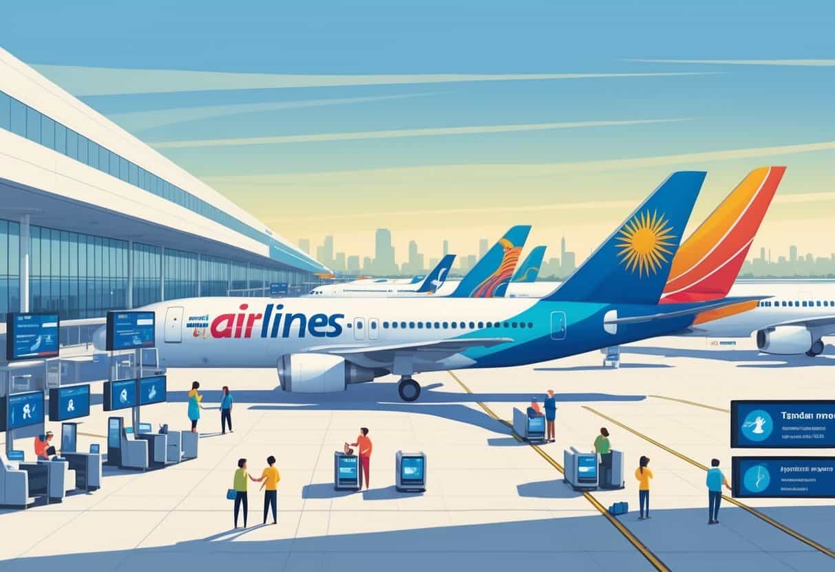 Airport terminal in Tallahassee with several airplanes from different airlines parked at gates and passengers boarding, with the city skyline in the background.