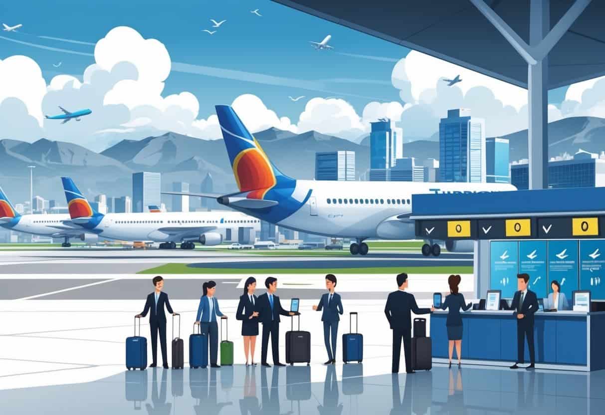 Airport scene in Thornton, Colorado with airplanes on the tarmac, travelers talking to airline staff, and the city skyline with mountains in the background.