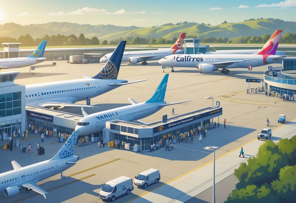 An airport terminal in Thousand Oaks with airplanes from various airlines at gates and passengers calmly waiting, set against a backdrop of hills and clear skies.