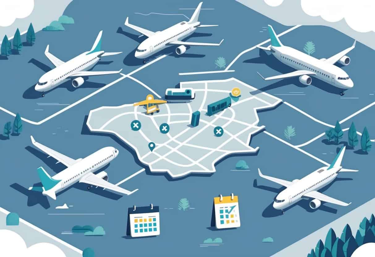 Illustration showing airplanes around a map of Thousand Oaks, California, with icons representing flight delays and cancellation policies.