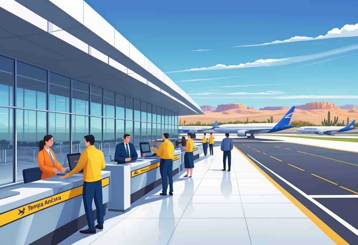 Airport terminal in Tempe, Arizona with passengers and airline staff, airplanes at gates, and desert mountains in the background.