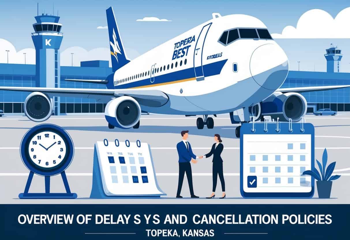 An airport scene showing an airplane, clock, calendar, and a customer service representative assisting a traveler, representing flight delays and cancellation policies for an airline in Topeka, Kansas.