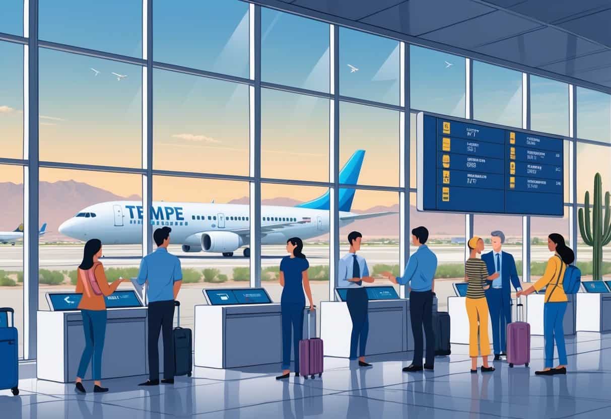 An airport terminal in Tempe, Arizona with travelers and airline staff interacting near flight information boards, airplanes on the runway, and desert landscape visible through large windows.