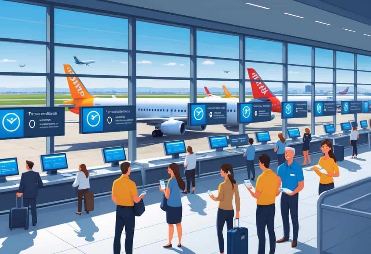 An airport terminal with travelers checking flight information and airline staff assisting passengers, with airplanes visible outside the windows.