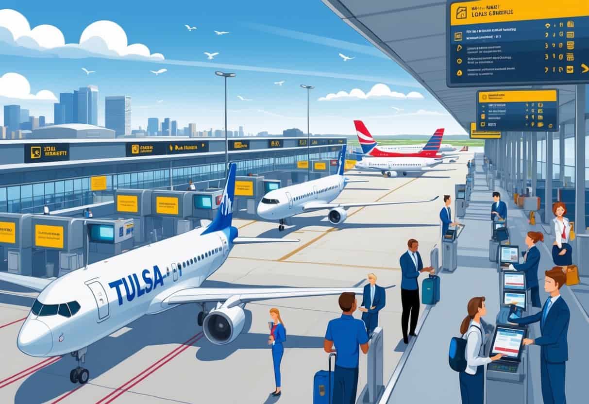 An airport terminal in Tulsa with airplanes at gates and passengers being assisted by airline staff in a calm and organized environment.