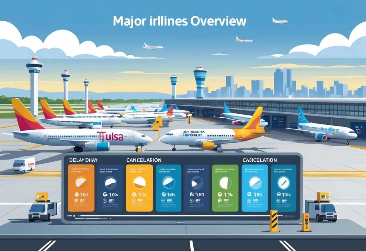 An airport scene in Tulsa showing multiple airplanes from different airlines at gates, a flight information board with delay and cancellation icons, and graphical charts comparing airline policies, with the Tulsa skyline in the background.