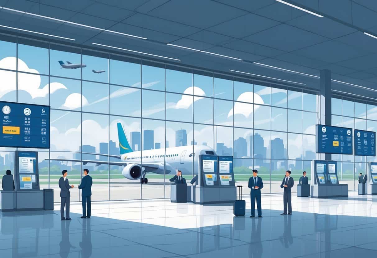 An airport scene with airplanes on the runway and passengers being assisted by staff, showing elements related to flight delays and cancellation policies with a city skyline in the background.