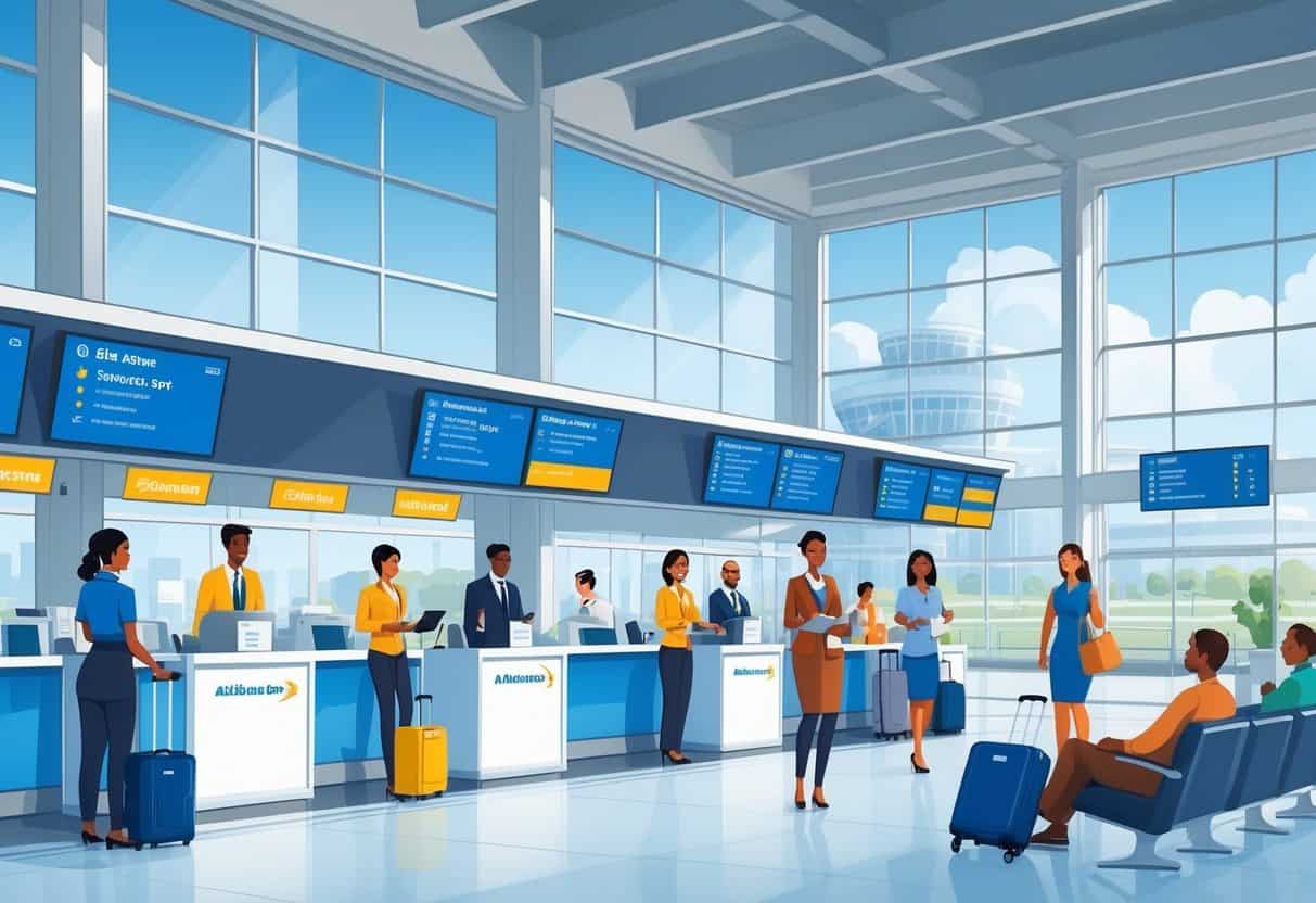 An airport terminal in Tuscaloosa with airline staff helping passengers at service counters and flight information screens showing updates.