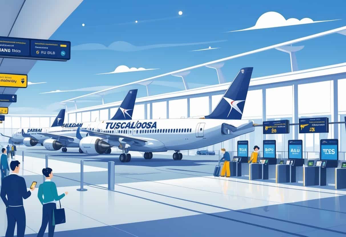 An airport terminal in Tuscaloosa with airplanes at gates and travelers checking flight information, showing a calm and efficient travel environment.