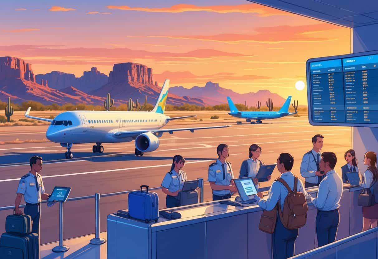 An airport scene in Tucson, Arizona with an airplane on the runway, airline staff helping passengers, and desert mountains in the background at sunset.