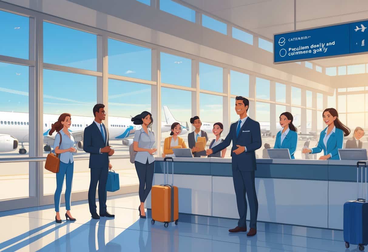 Passengers happily interacting with airline staff at an airport check-in counter with airplanes visible outside large windows.