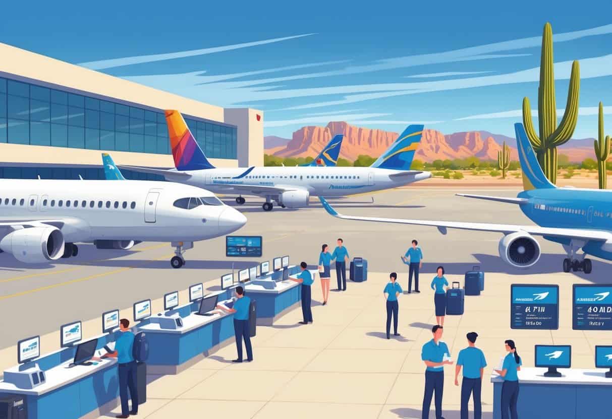An airport terminal in Tucson with airplanes at gates, desert landscape with cacti and mountains in the background, and airline staff assisting passengers at counters.