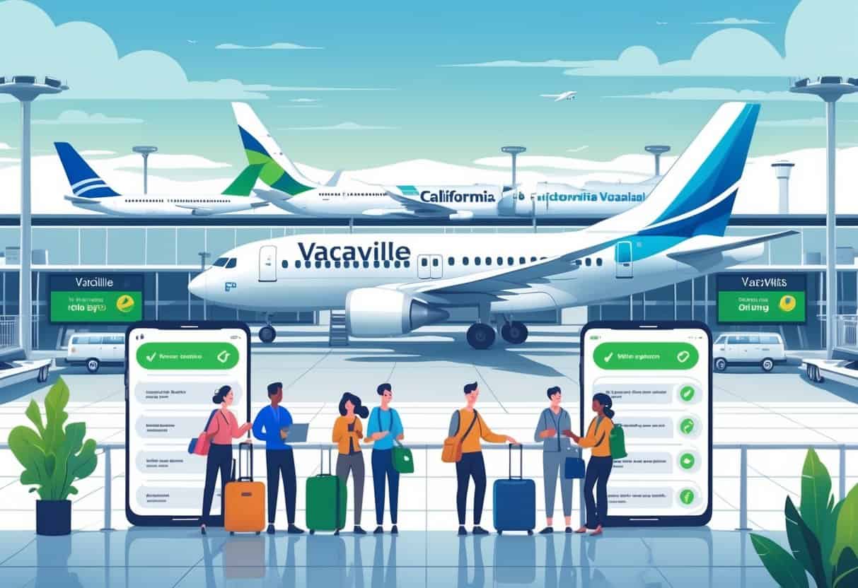 An airport scene showing several airplanes from different airlines at gates with travelers checking flight information on digital screens, set against a backdrop of hills and vineyards.