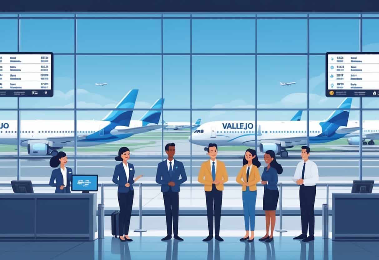 Travelers at an airport terminal near Vallejo, California, interacting with airline staff with airplanes visible outside and a view of a bay and hills in the background.