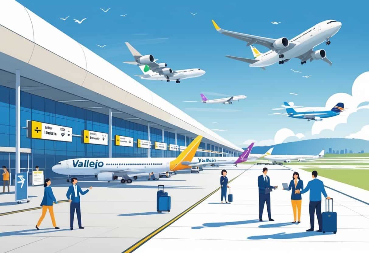 An airport scene near Vallejo, California, showing airplanes at gates, passengers and staff interacting, and a city skyline in the background.