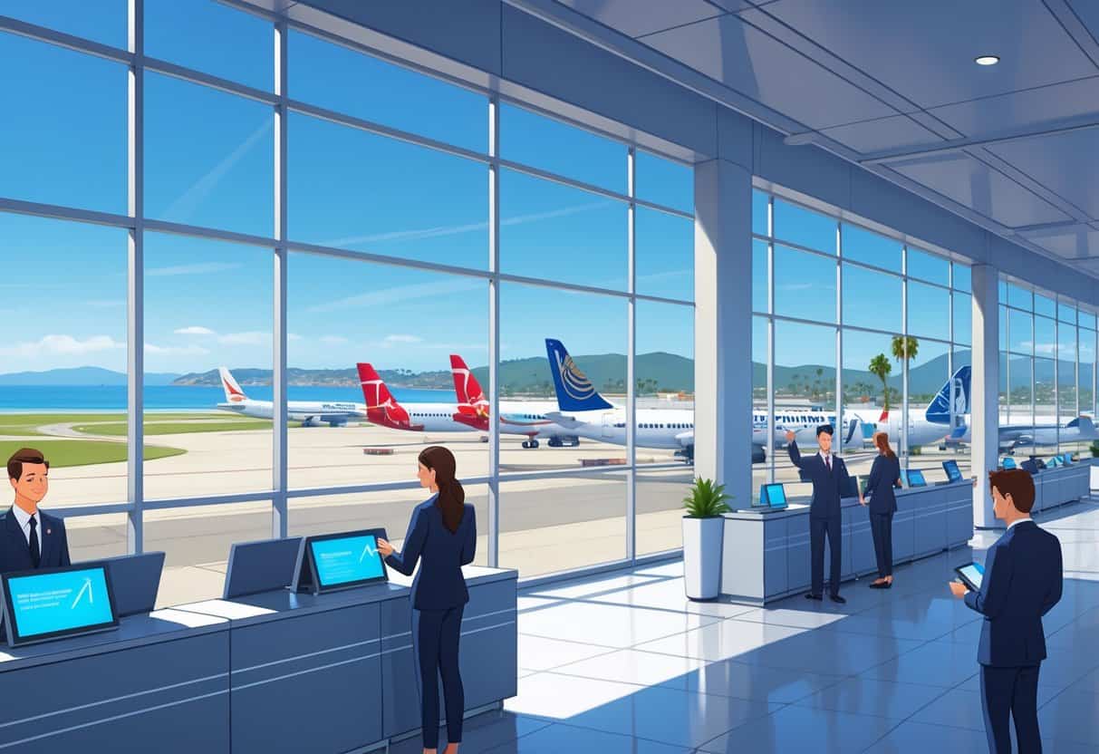 An airport terminal in Ventura, California with airline staff helping relaxed passengers near planes and a sunny coastline visible through large windows.