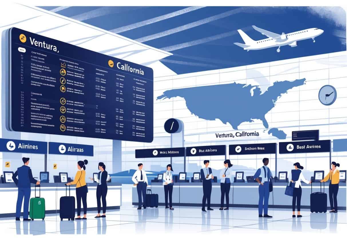 An airport scene showing travelers and airline staff near service counters with a departure board displaying flight delays and cancellations, and a map highlighting Ventura, California in the background.