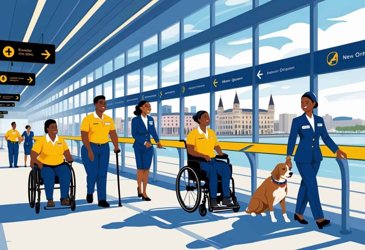An airport terminal in New Orleans with disabled travelers being assisted by airline staff near New Orleans landmarks in the background.