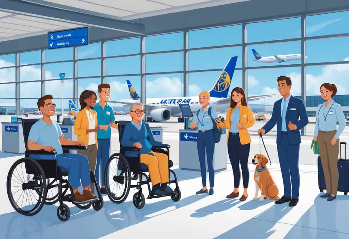 A diverse group of disabled travelers receiving assistance from airline staff inside an airport terminal with accessible features and airplanes visible outside.