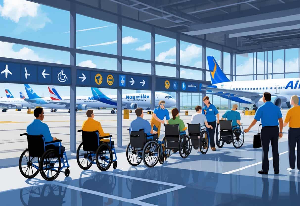 Airport scene in Naperville showing disabled travelers using wheelchairs and mobility aids being assisted by airline staff near airplanes and accessible facilities.