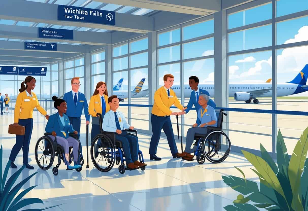 Airport scene showing disabled travelers being assisted by airline staff inside a modern terminal with airplanes visible outside.