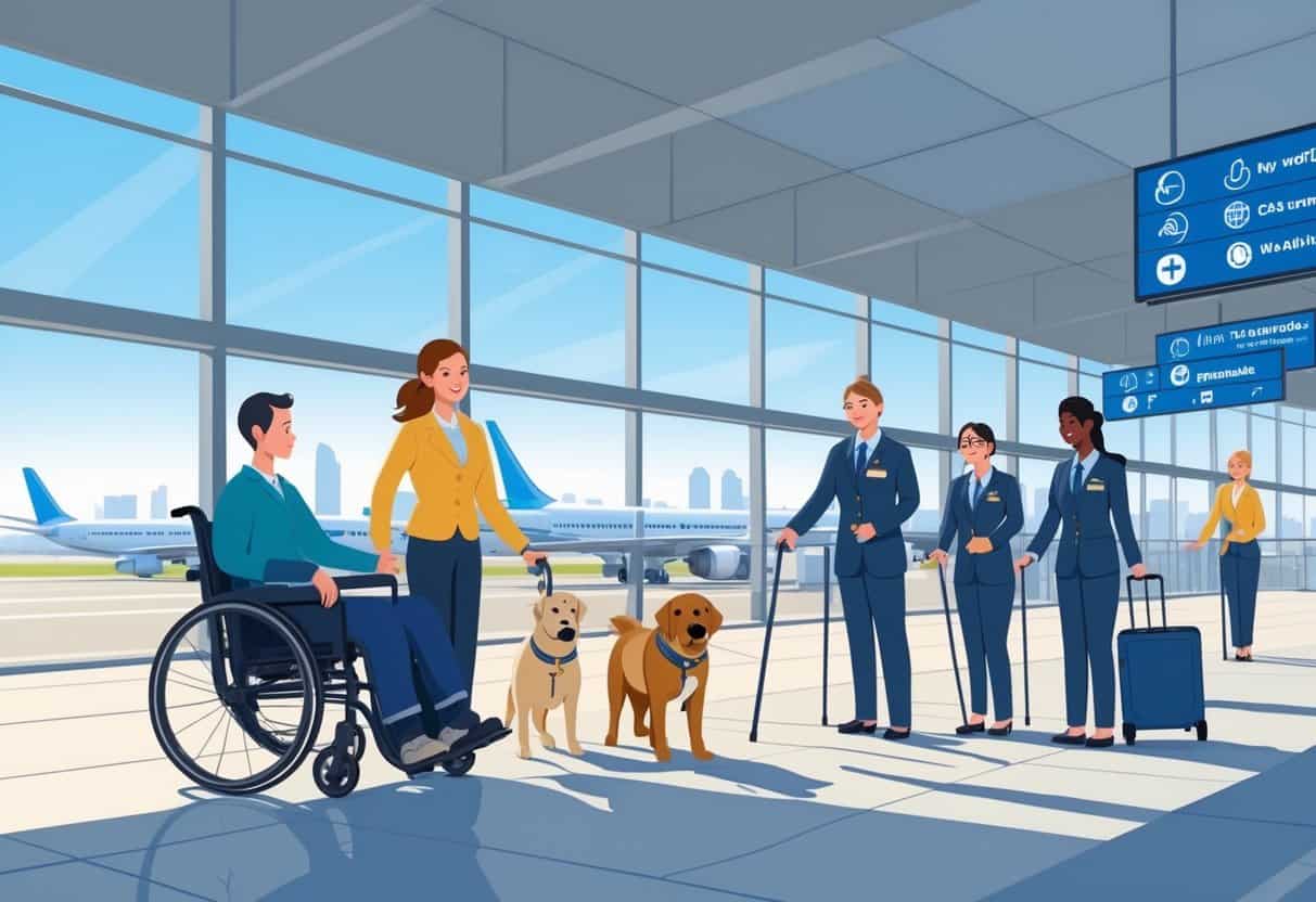 Airport scene in Wichita Falls showing disabled travelers being assisted by airline staff near airplanes and accessible pathways.