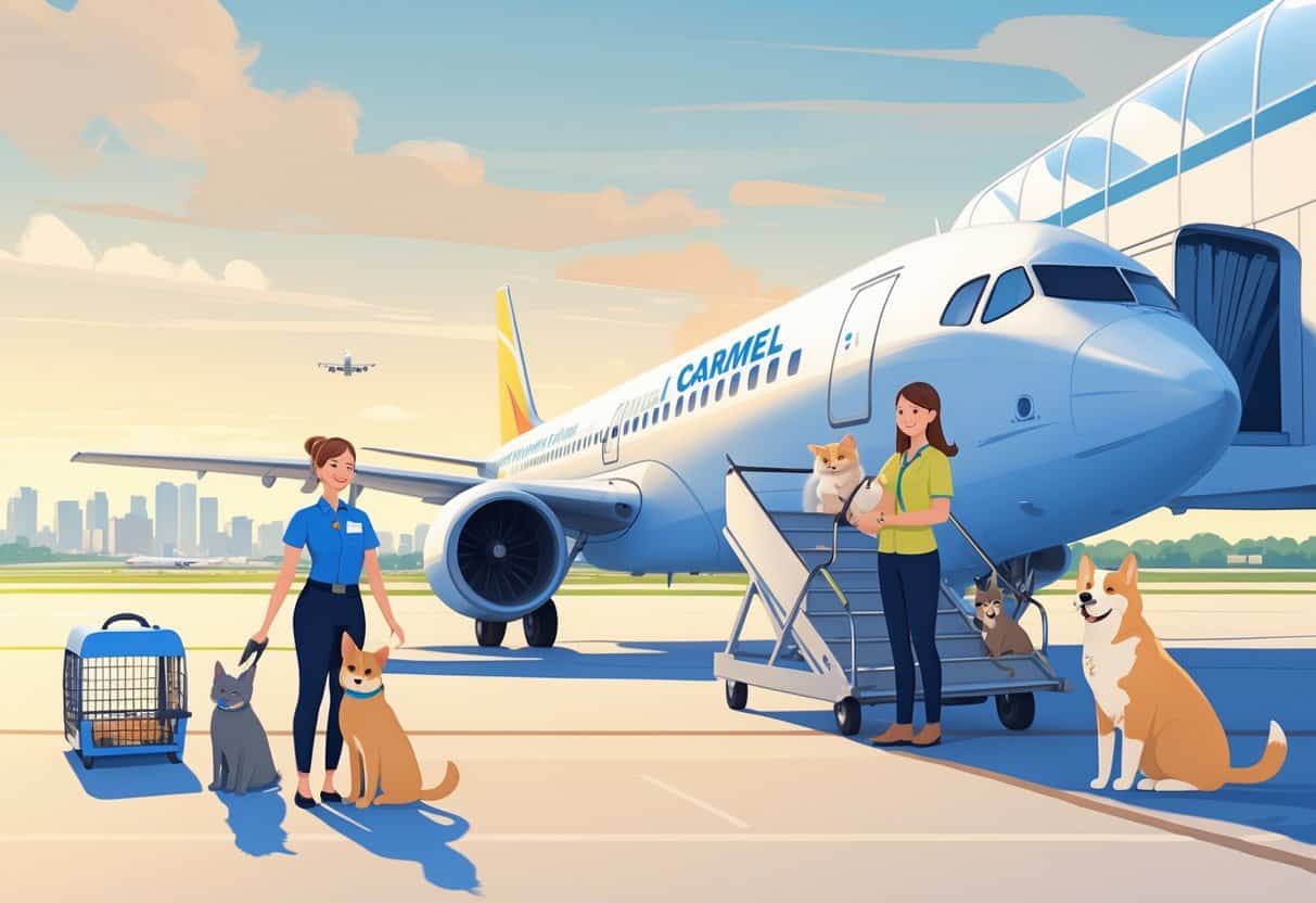 A dog and a cat with a pet carrier at an airport, with an airplane and a staff member nearby, set against a distant city skyline.