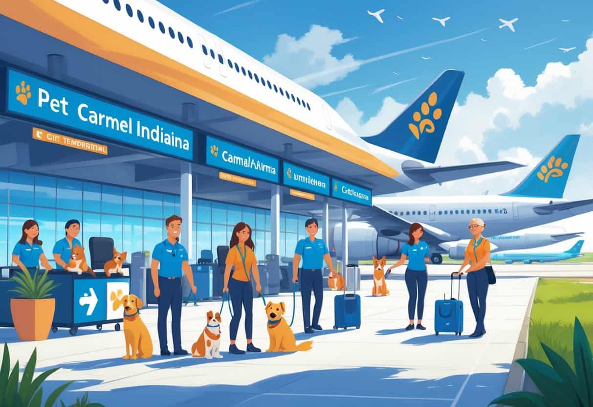 Airport scene showing pets and their owners preparing to travel, with airline staff assisting and airplanes in the background.